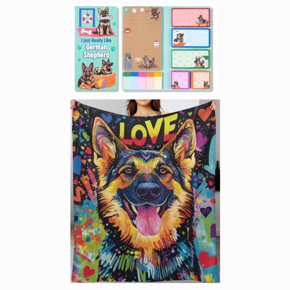 Colorful German Shepherd Blanket and Stationery Set NWT Bundle